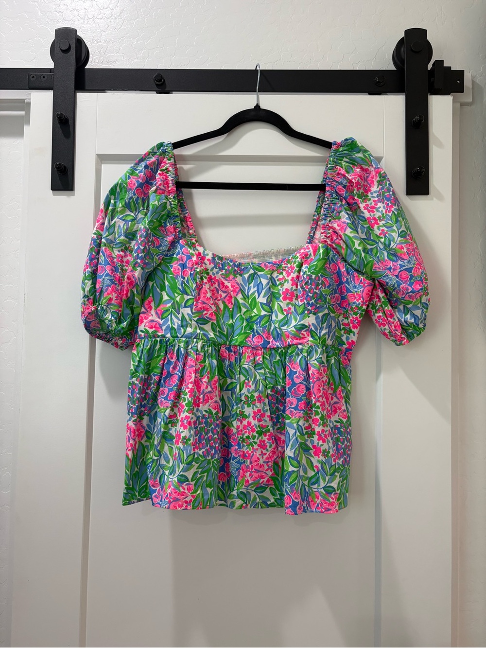 Lilly Pulitzer Pink, Green & Blue Floral Puff-Sleeve Peplum Top - Picture 2 of 2